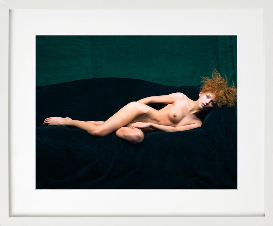Anonymous Nude V - model lounging on green sofa, fine art photography, 1998 - Black Color Photograph by Michel Comte