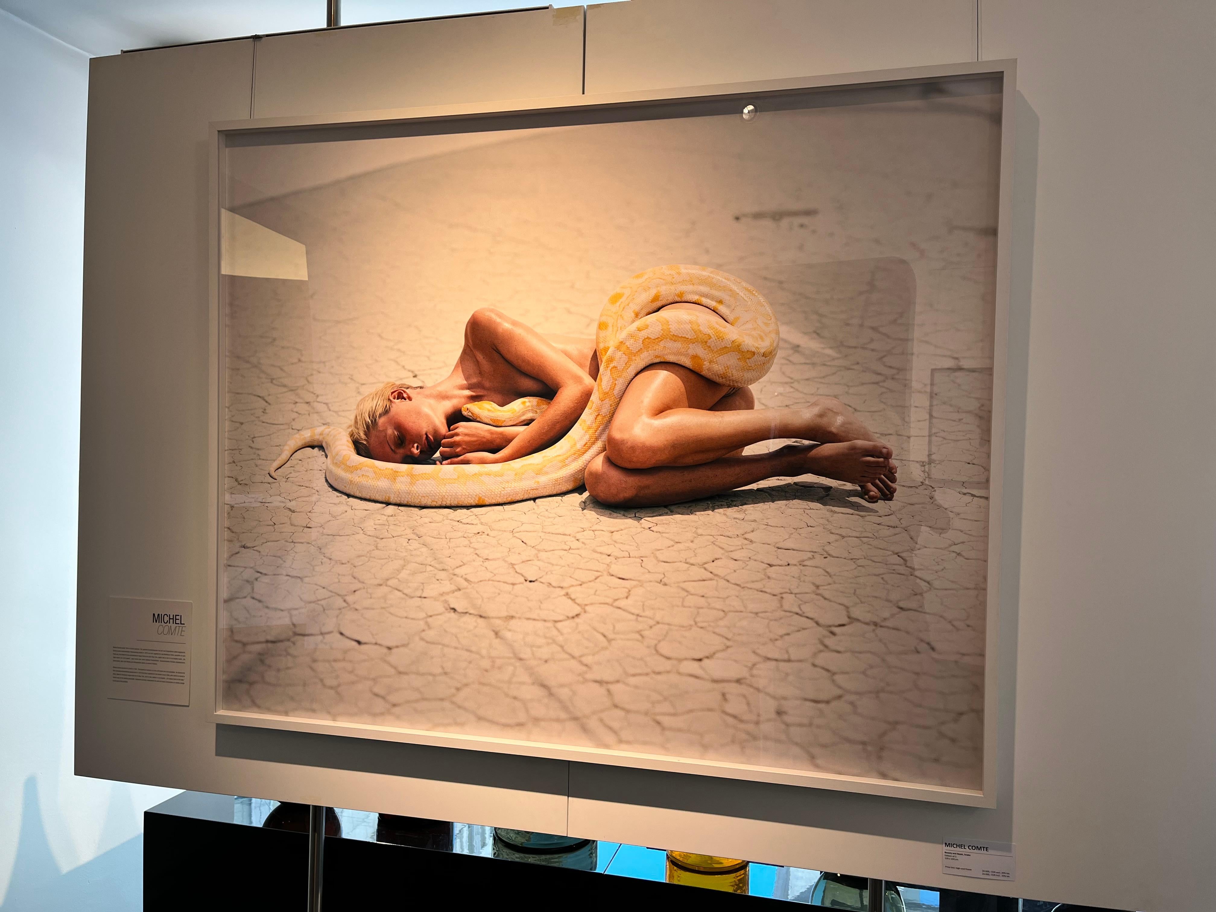 Beauty & Beast, Tatjana with snake - nude in the desert, fine art photography - Photograph by Michel Comte