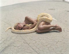 Beauty and the beast with snake - the supermodel in the desert with the animal 