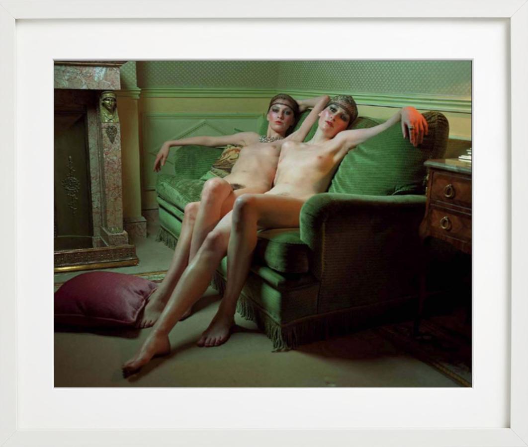 Chanel Story - two nude models on a green sofa, fine art photography, 1996 - Photograph by Michel Comte