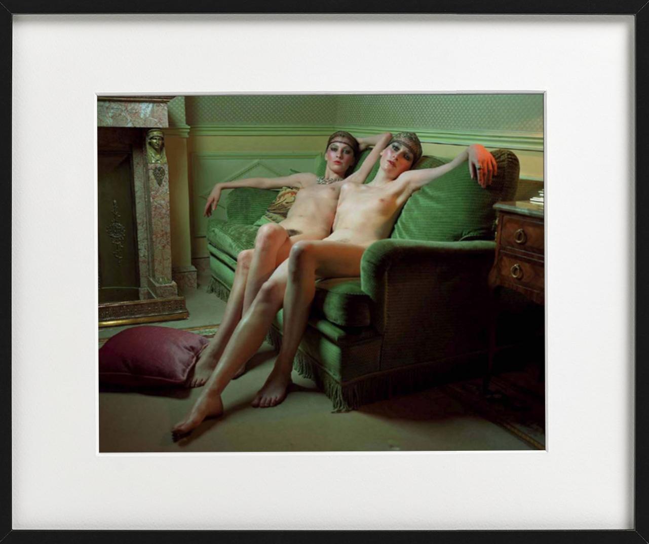 Chanel Story - two nude models on a green sofa, fine art photography, 1996 - Contemporary Photograph by Michel Comte