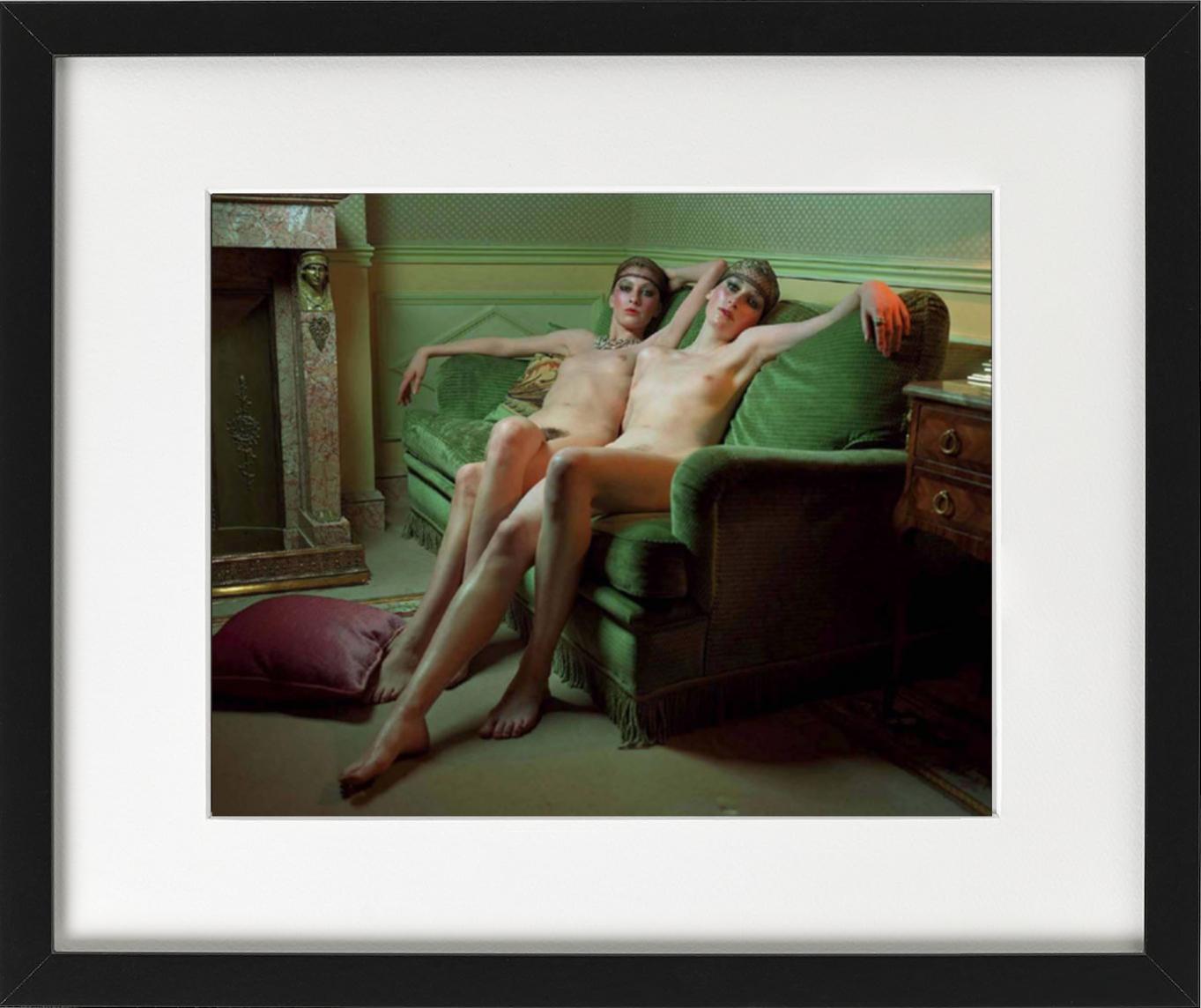 Chanel Story - two nude models on a green sofa, fine art photography, 1996 - Black Color Photograph by Michel Comte