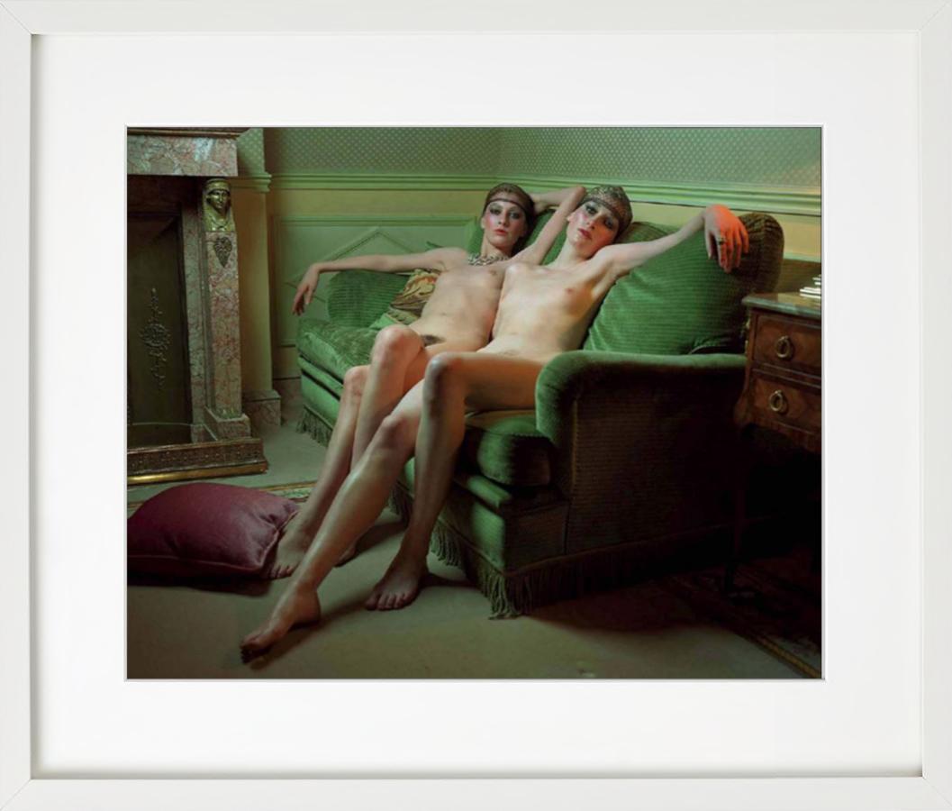 Chanel Story - two nude models on a green sofa, fine art photography, 1996 For Sale 2