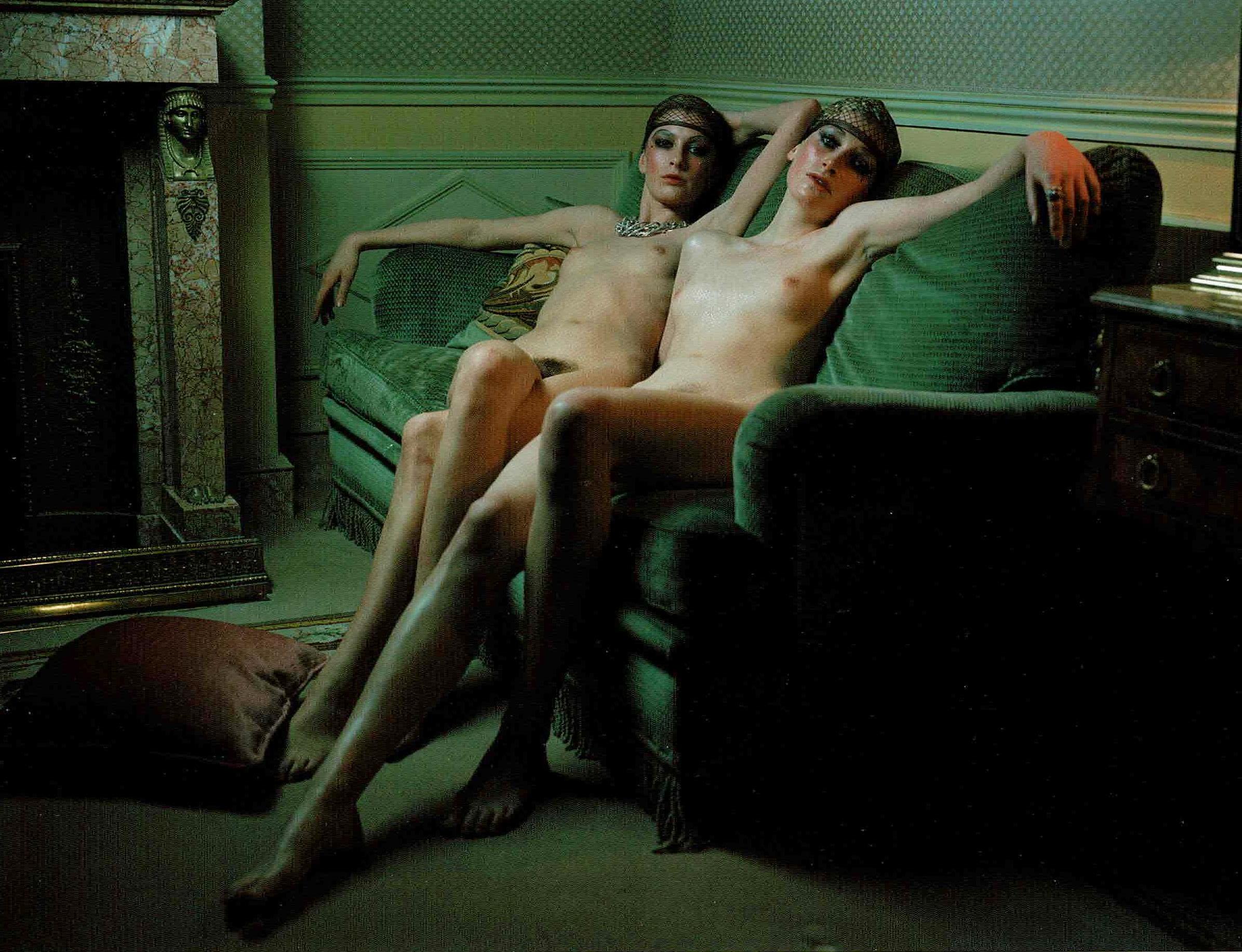 Chanel Story - two nude models on a green sofa, fine art photography, 1996