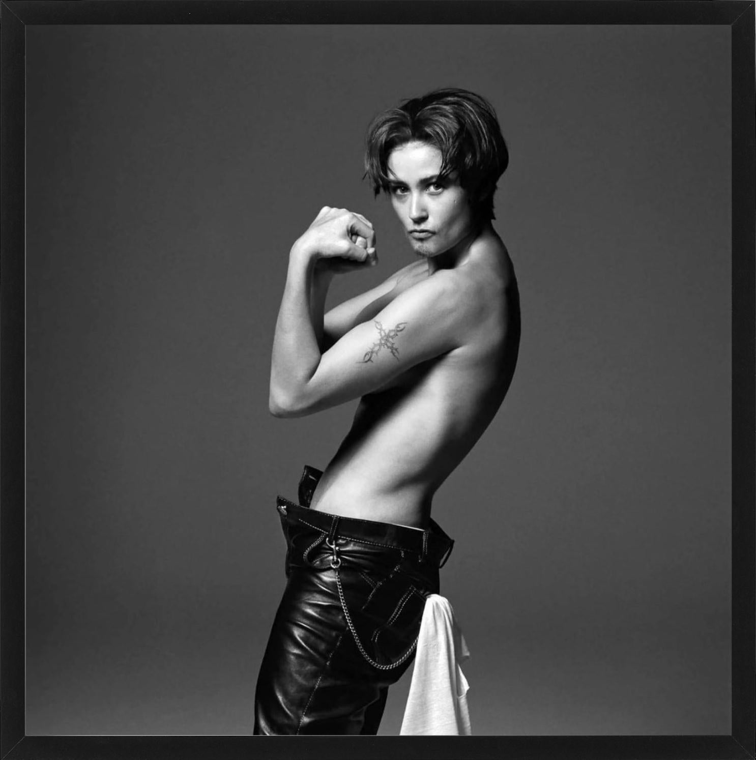 Demi Moore - model posing topless in leather pants, black-and-white photograph - Contemporary Photograph by Michel Comte