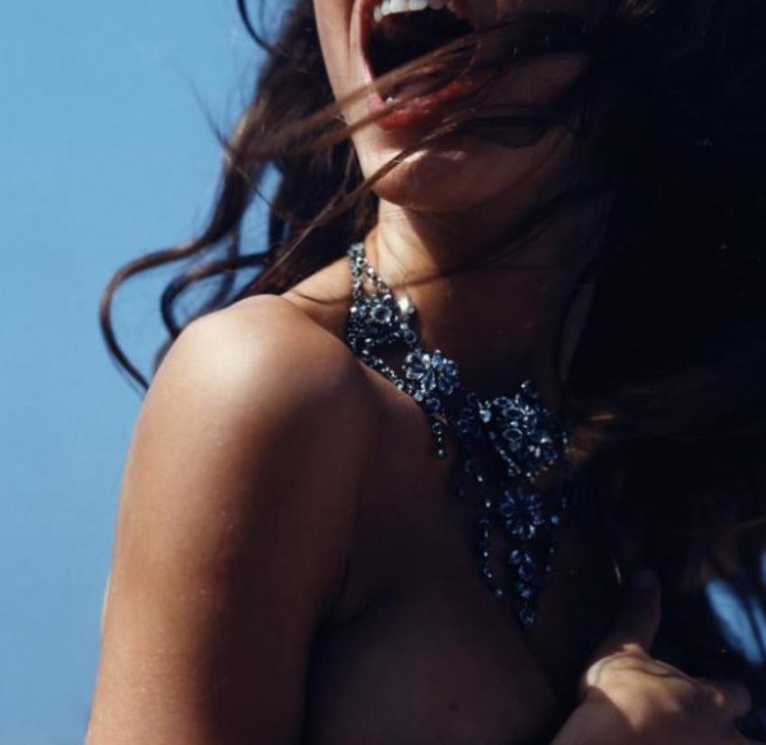 Gisele Bündchen Screaming - nude portrait with sky, fine art photography, 1999 - Purple Color Photograph by Michel Comte