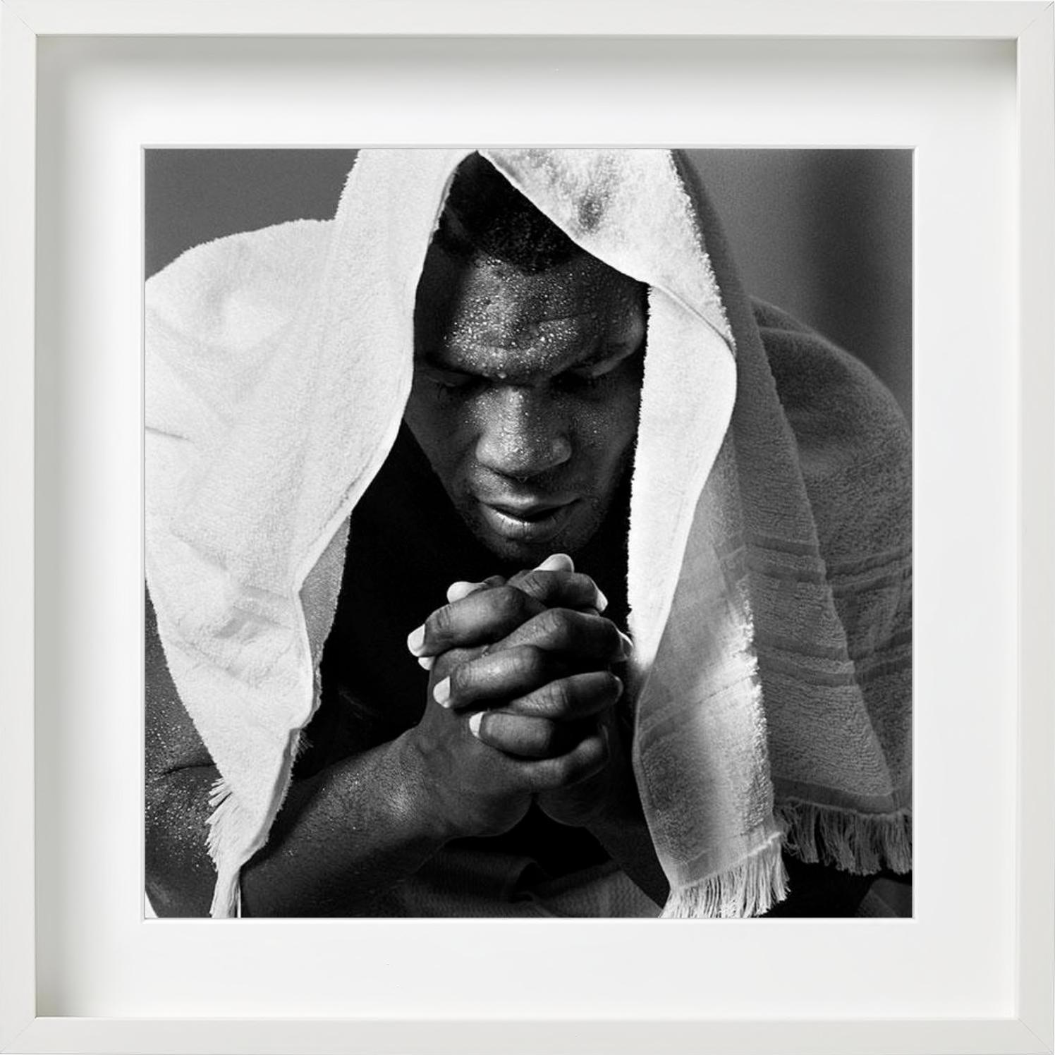 Mike Tyson Training Camp - Portrait with towel, fine art photography, 1990 - Gray Portrait Photograph by Michel Comte