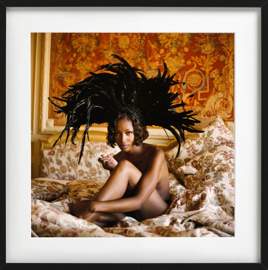 Naomi Campbell, Vogue Italia - in Black Feather Headpiece, Fine Art Photography - Brown Color Photograph by Michel Comte