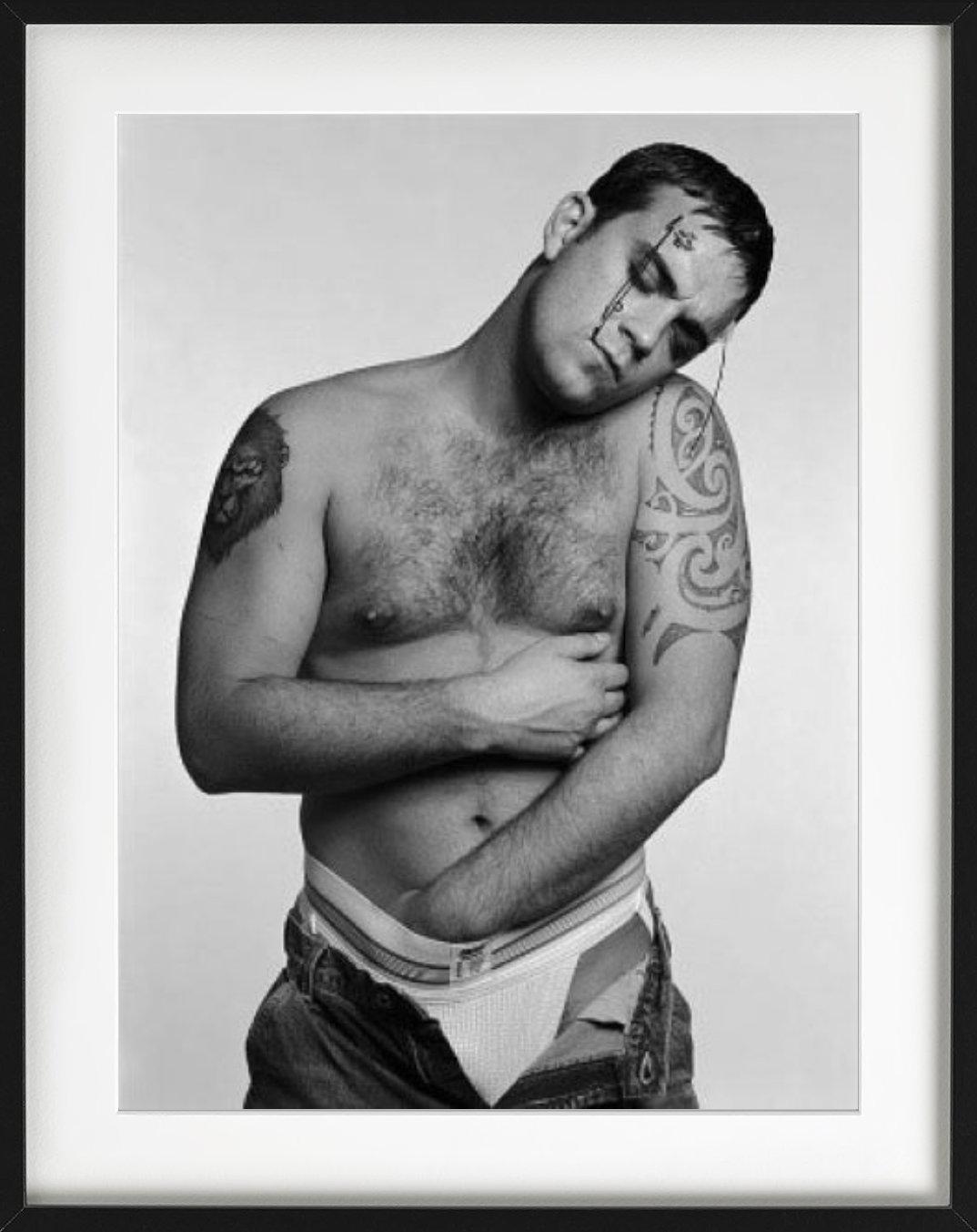 Robbie Williams - Portrait B&W, Fine Art Photography - Gray Nude Photograph by Michel Comte