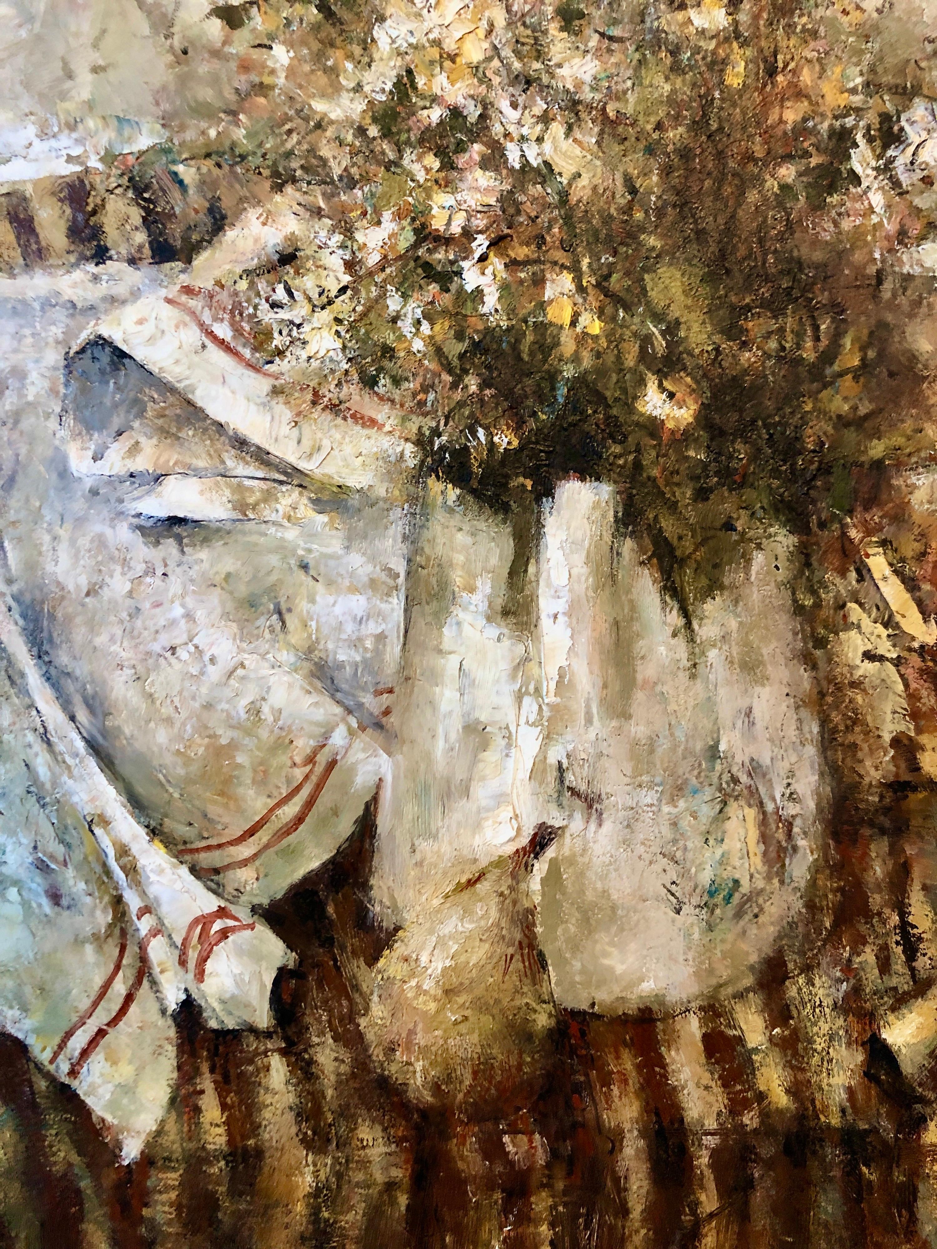 Pintura al Óleo de la Escuela Expresionista de París Bodegón con Pera y Flores en venta 6