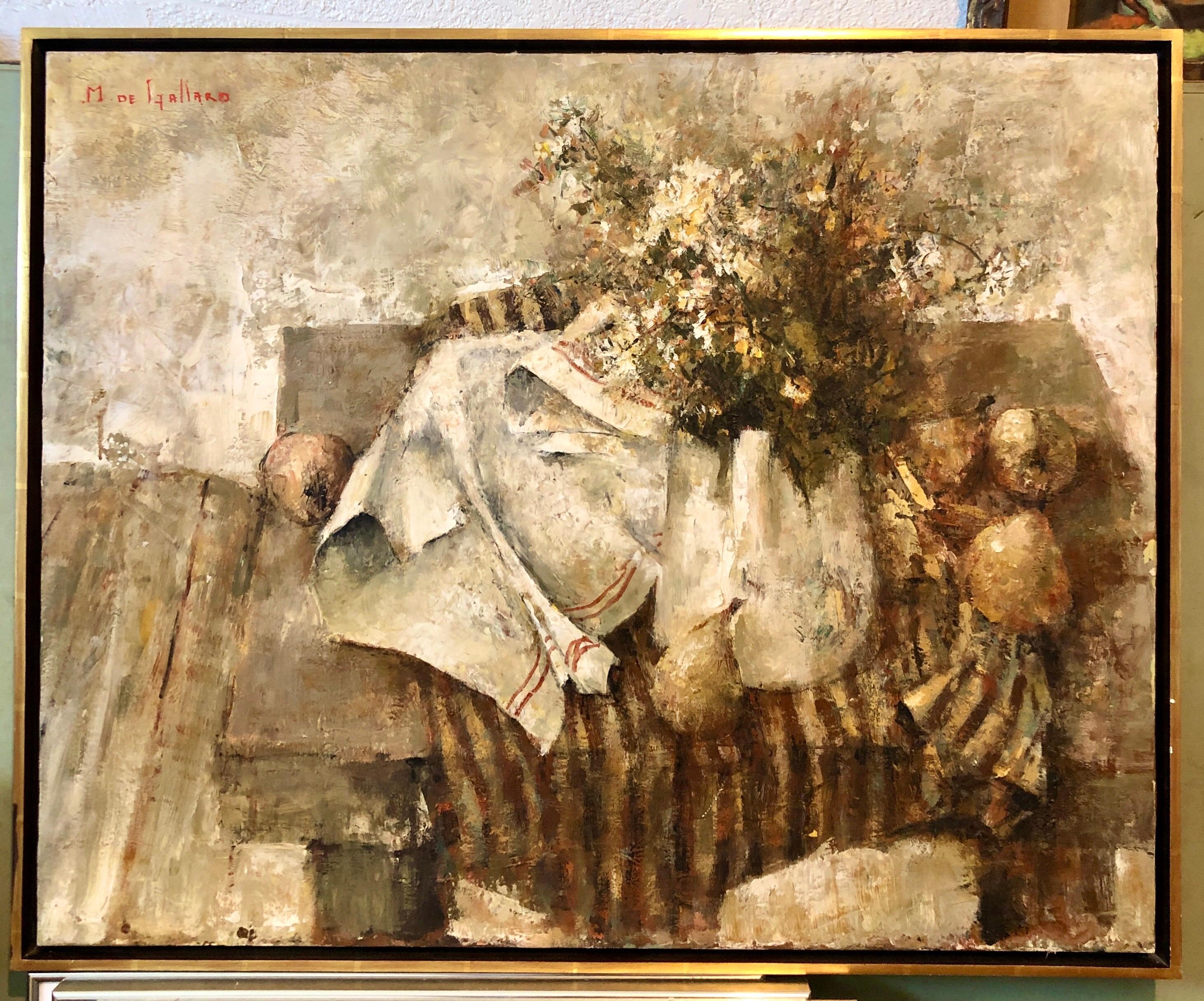 Peinture à l'huile de l'école expressionniste de Paris - Nature morte avec poire et fleurs en vente 6