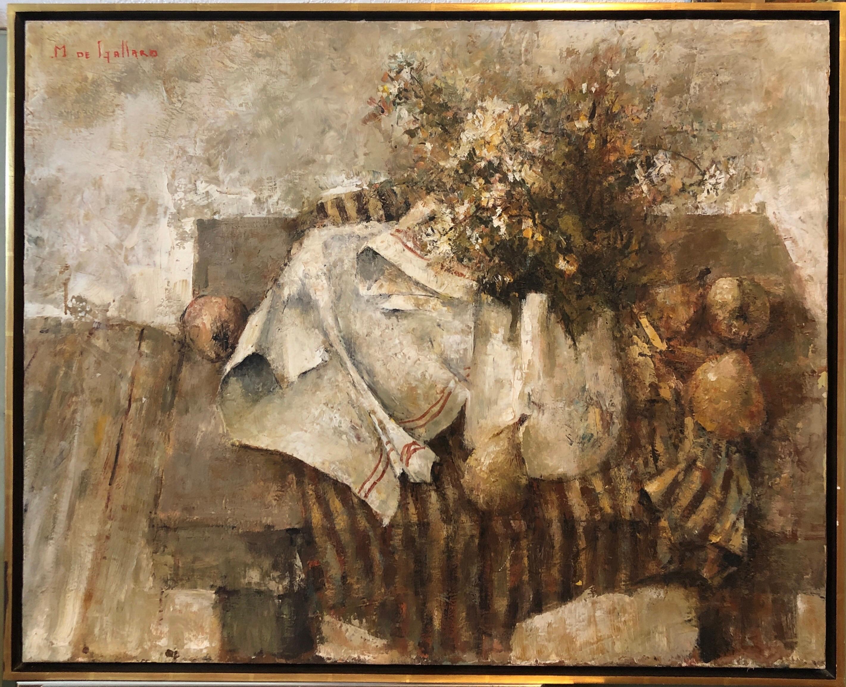 Peinture à l'huile de l'école expressionniste de Paris - Nature morte avec poire et fleurs - Painting de Michel De Gallard