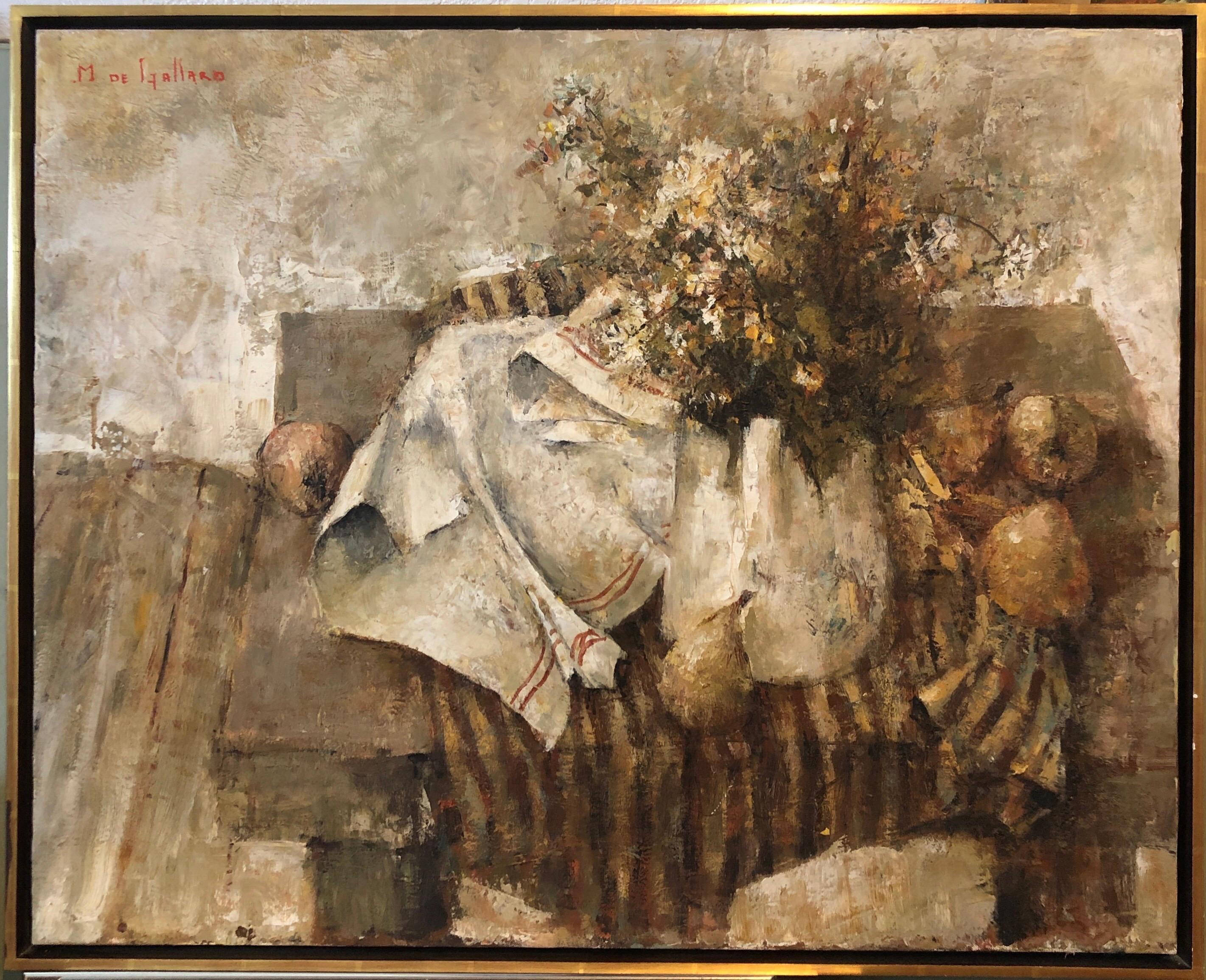Pintura al Óleo de la Escuela Expresionista de París Bodegón con Pera y Flores - Painting de Michel De Gallard