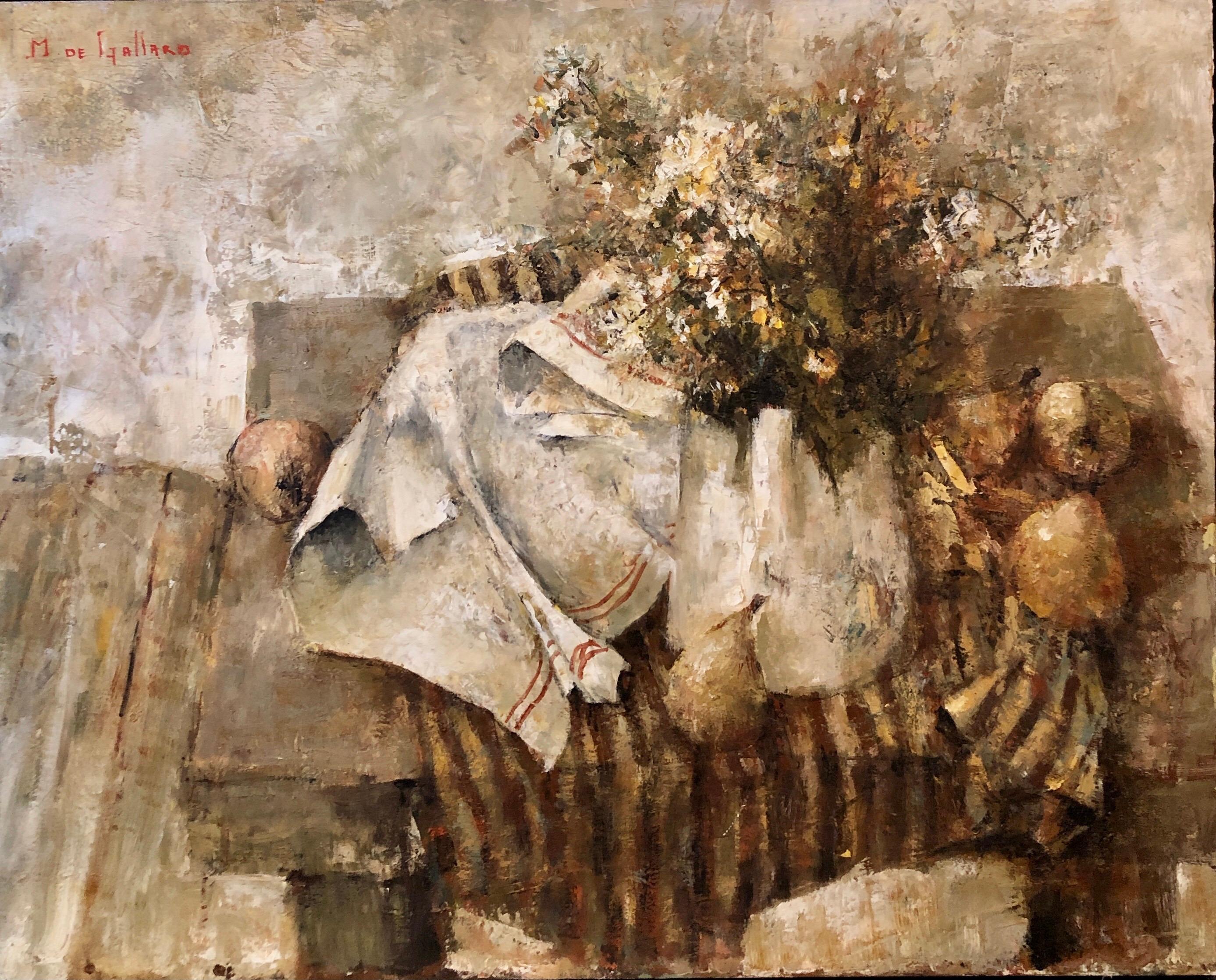 Pintura al Óleo de la Escuela Expresionista de París Bodegón con Pera y Flores - Interior Painting Beige de Michel De Gallard