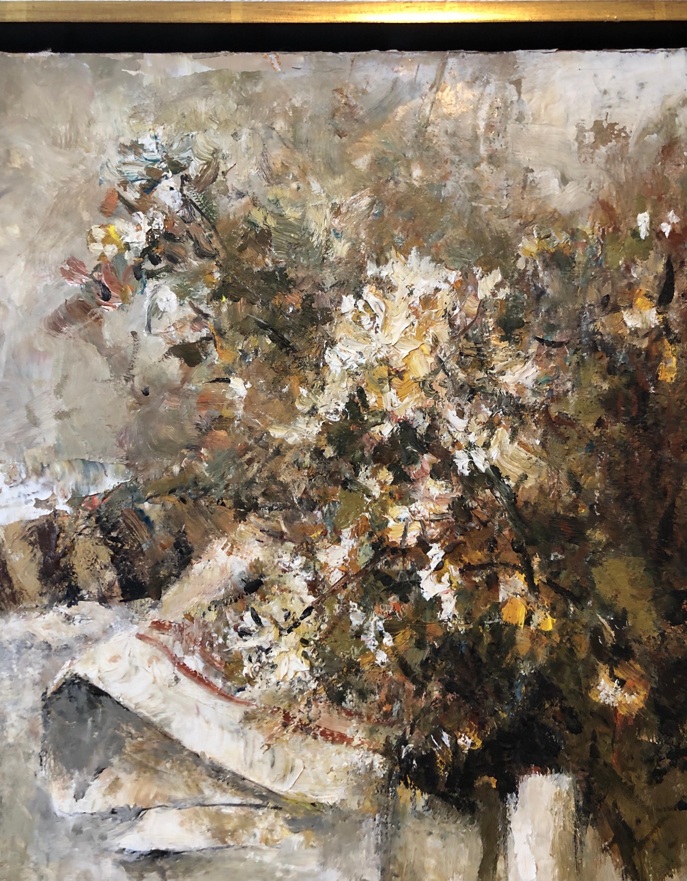 Peinture à l'huile de l'école expressionniste de Paris - Nature morte avec poire et fleurs en vente 1