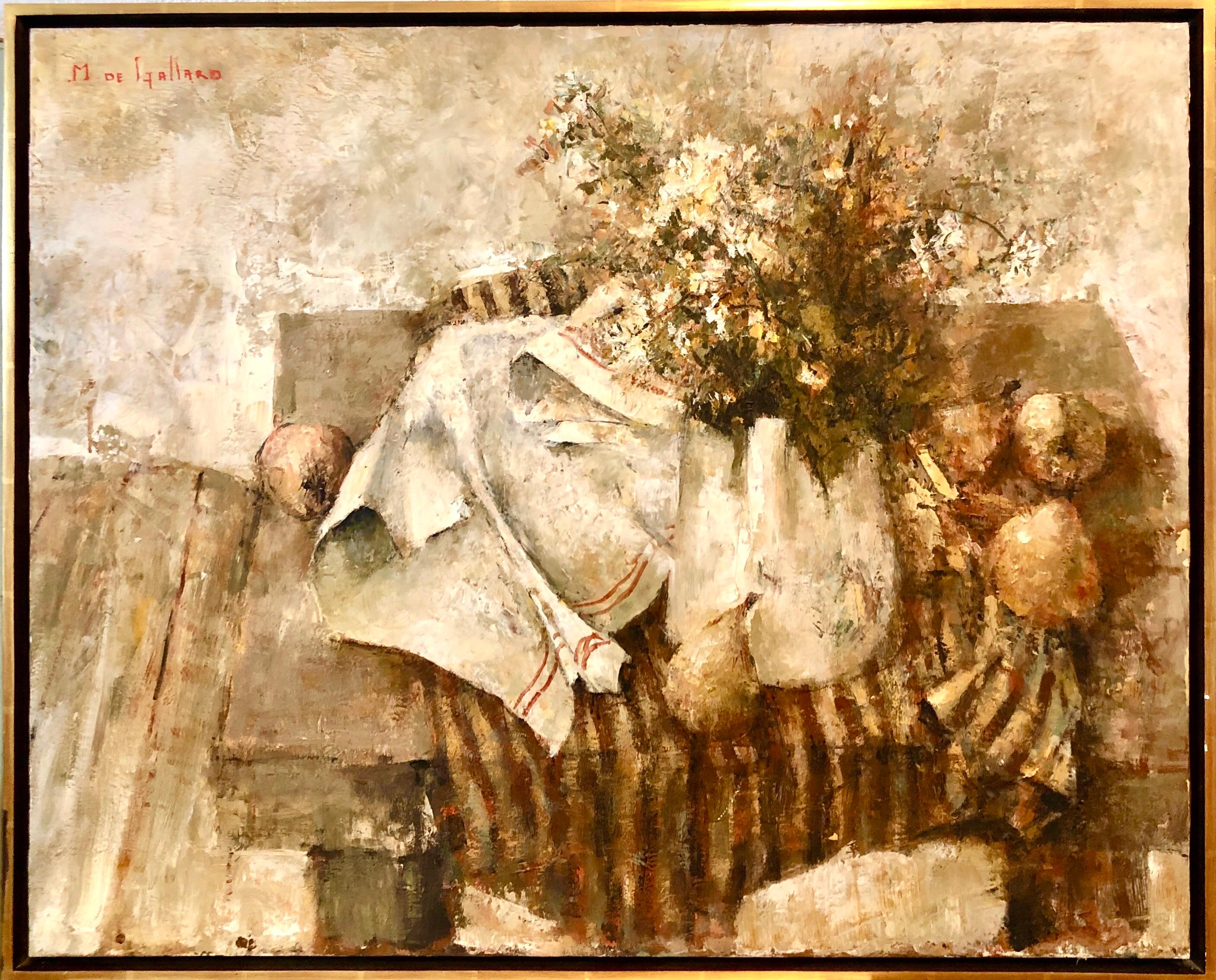 Still-Life Painting Michel De Gallard - Peinture à l'huile de l'école expressionniste de Paris - Nature morte avec poire et fleurs