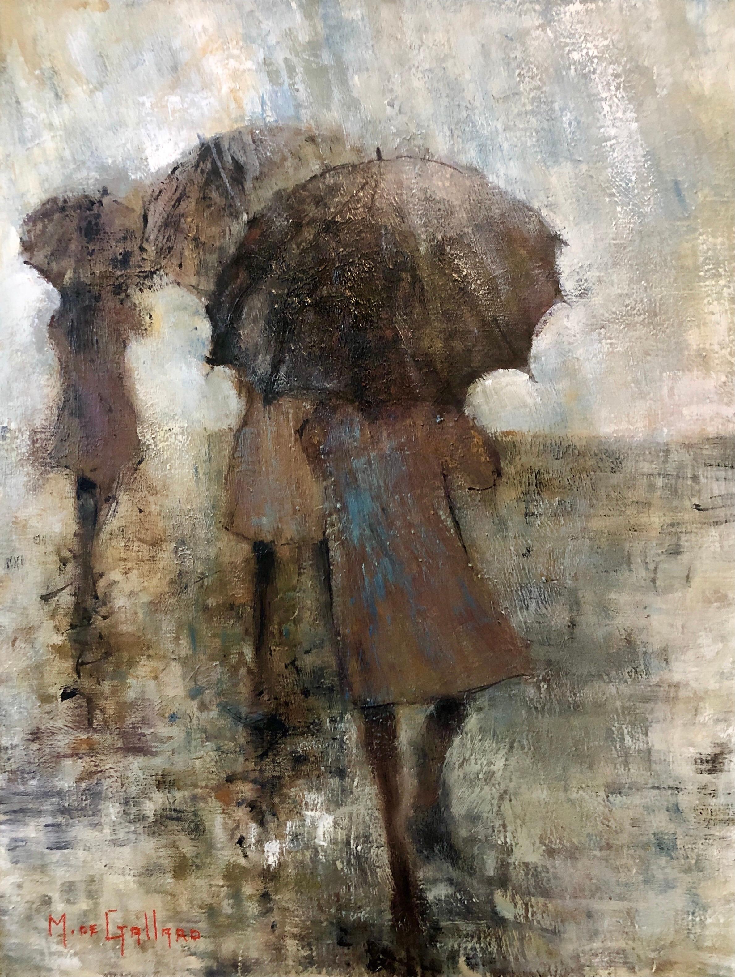 French Expressionist School of Paris Oil Painting Women with Umbrellas Rainy Day For Sale 4