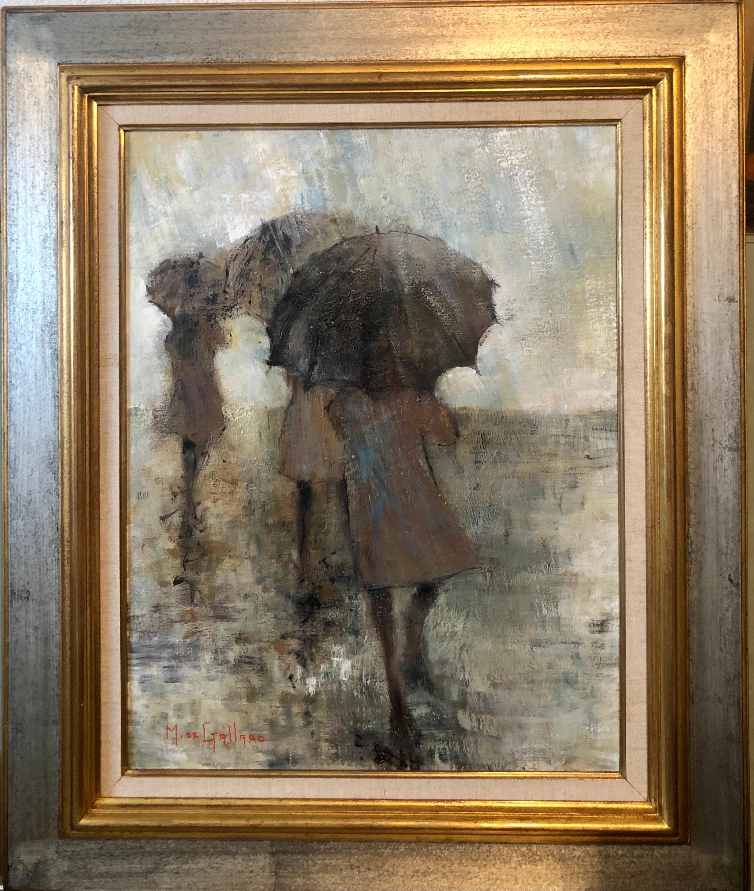French Expressionist School of Paris Oil Painting Women with Umbrellas Rainy Day For Sale 5