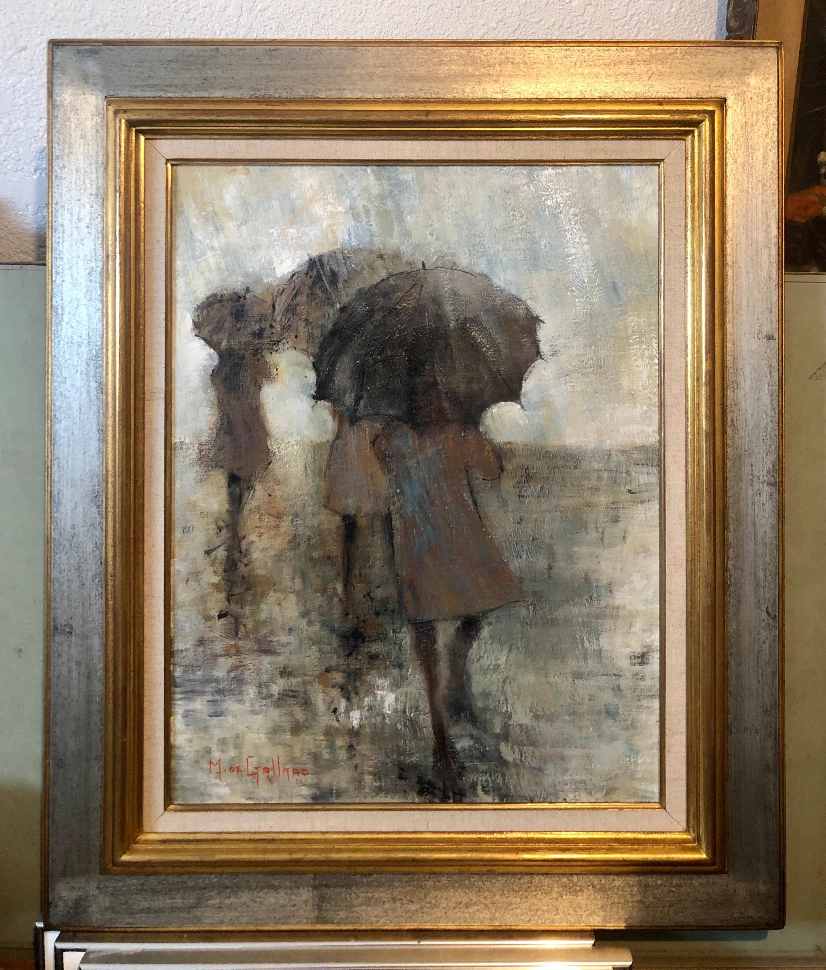 Peinture à l'huile de l'école expressionniste française de Paris représentant des femmes avec des parapluies par une journée pluvieuse en vente 6