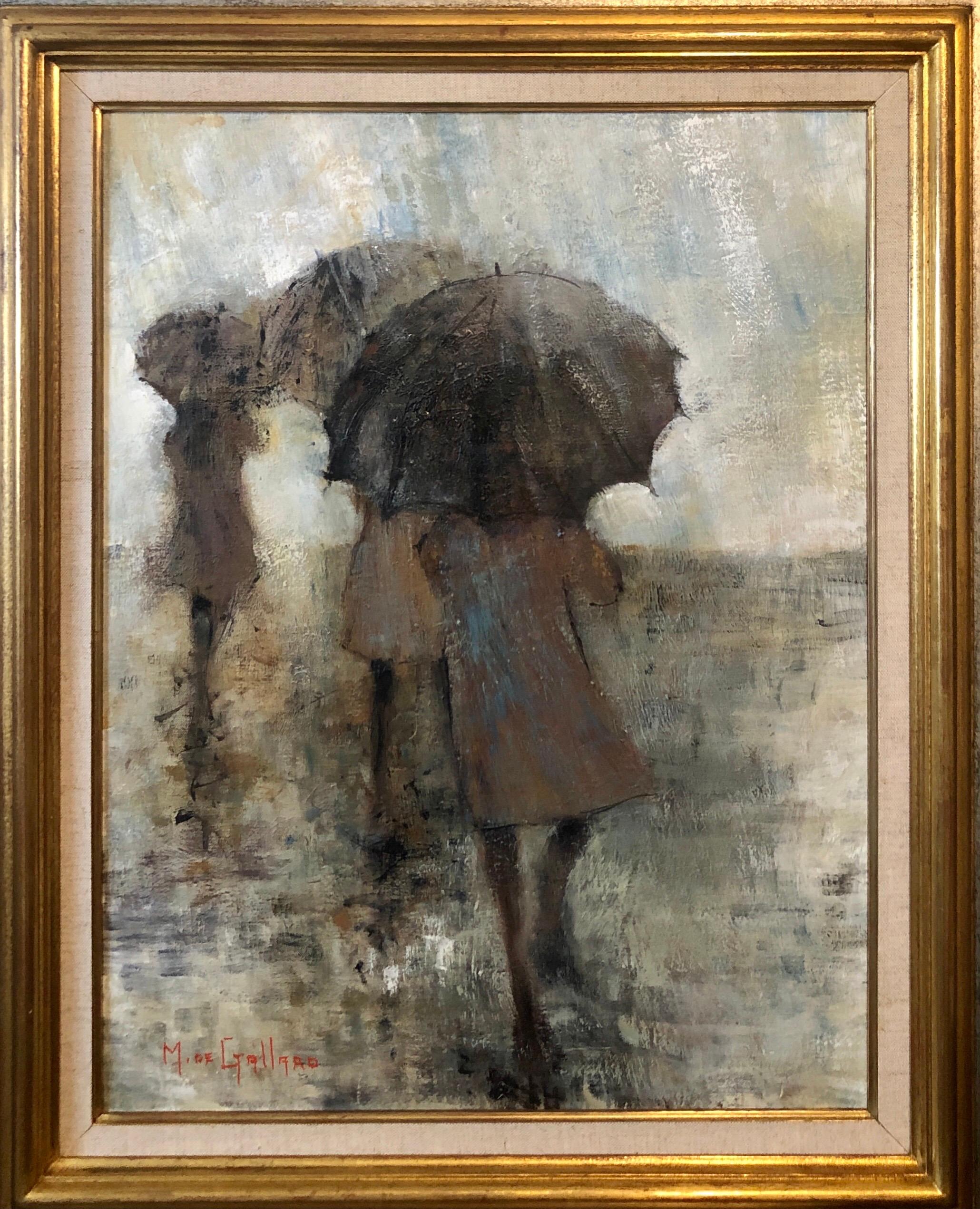 Peinture à l'huile de l'école expressionniste française de Paris représentant des femmes avec des parapluies par une journée pluvieuse - Painting de Michel De Gallard