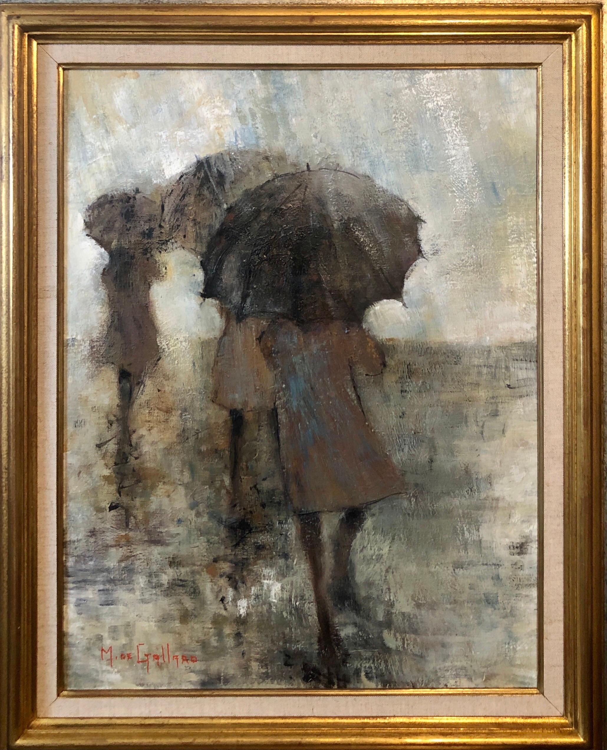 Pintura al Óleo de la Escuela Expresionista Francesa de París Mujeres con Paraguas Día Lluvioso - Painting de Michel De Gallard