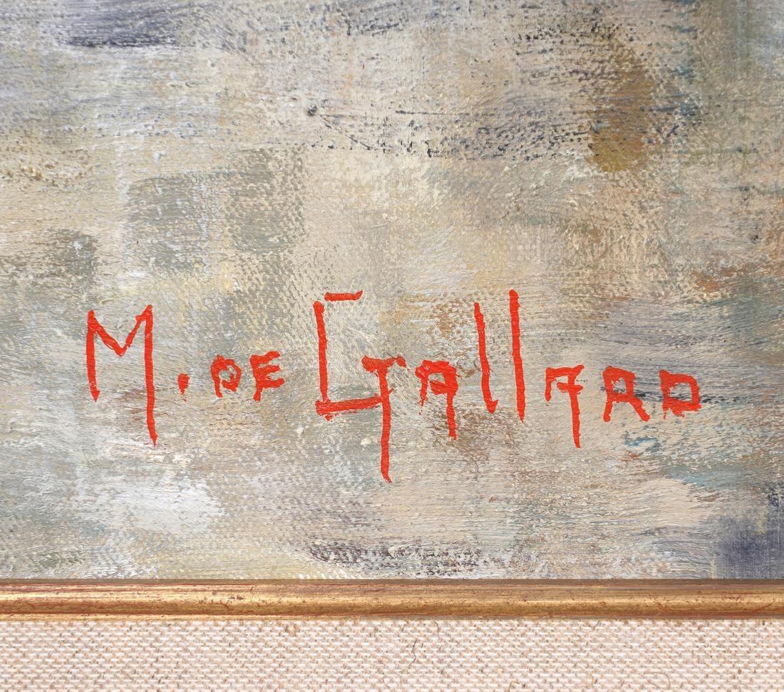 Michel De Gallard, France (1921-2007). 
Oil on canvas signed lower left, Silver gilt and dark wood frame. 
Provenance: Label on verso Galerie de la Presidence, Paris, 
Titled: 'Femmes Au Parapluie'. 
Measures 35.25