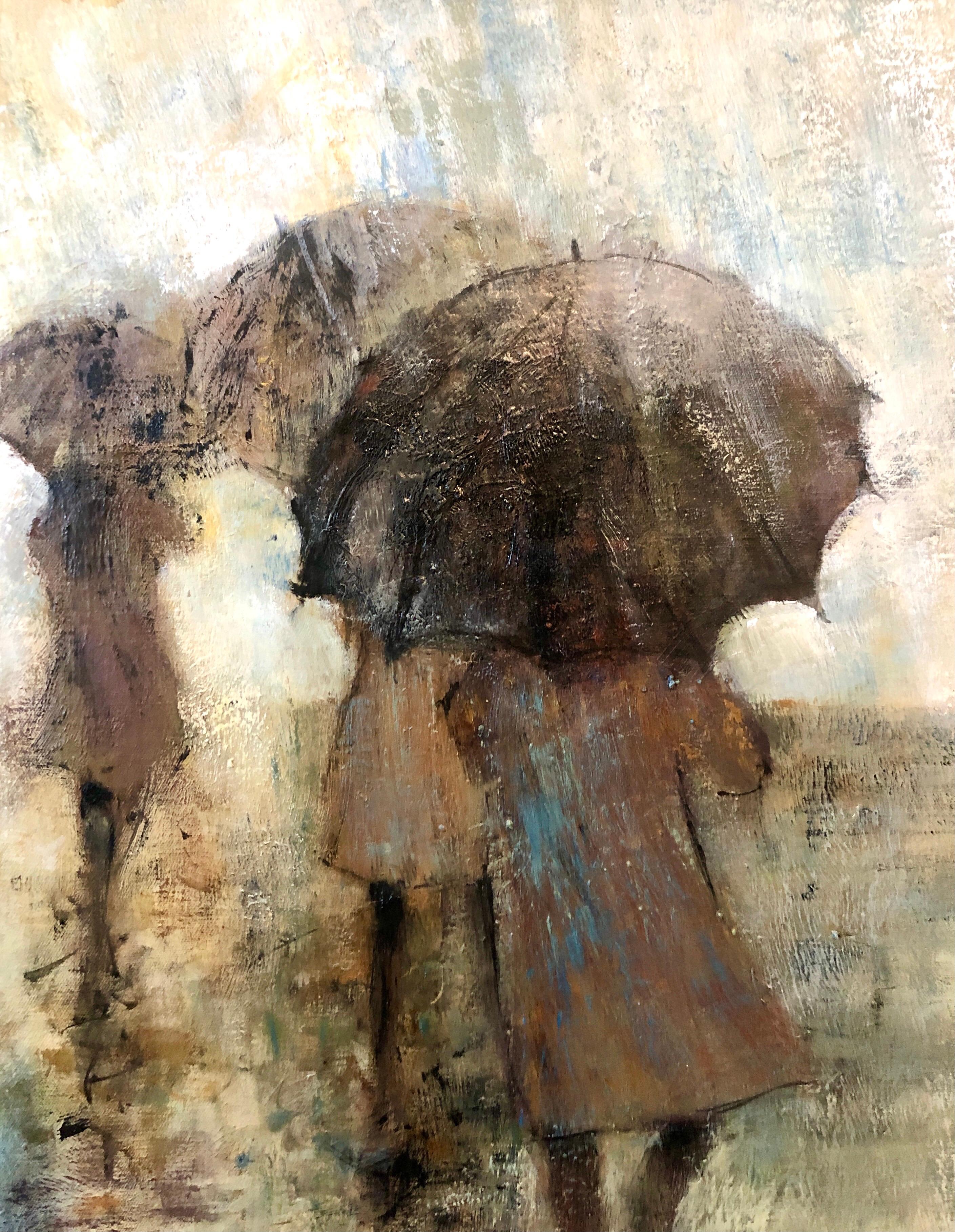 Peinture à l'huile de l'école expressionniste française de Paris représentant des femmes avec des parapluies par une journée pluvieuse en vente 1