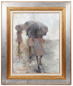 Vintage French Expressionist School of Paris Oil Painting Women with Umbrellas Rainy Day