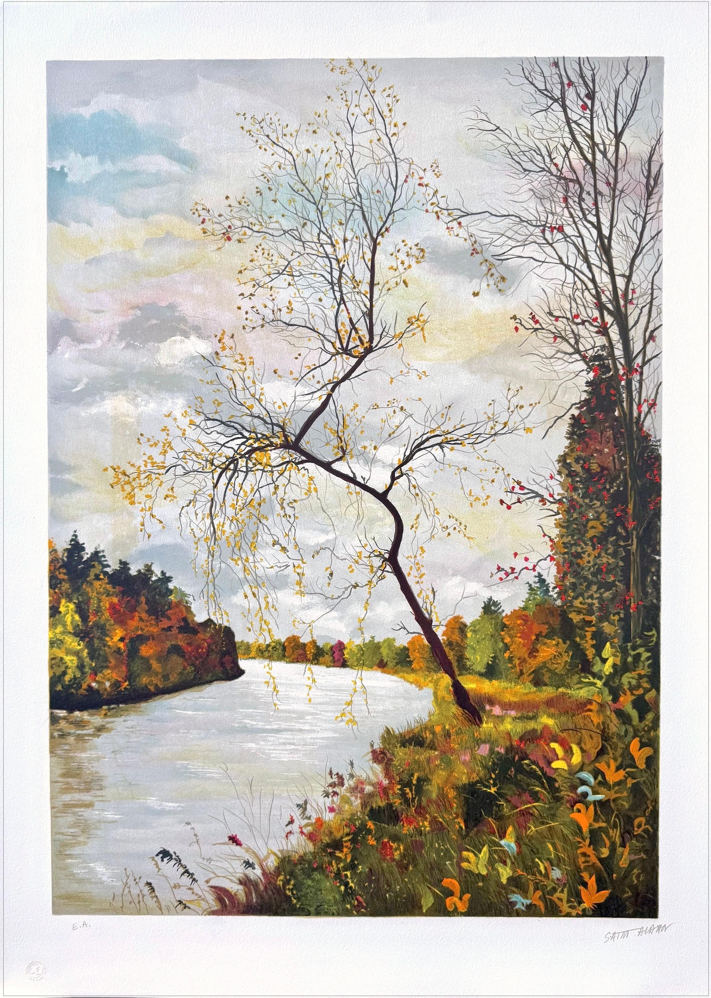 AUTUMN LANDSCAPE Signierte Lithographie, Französischer Künstler, Fluss, Bäume, Herbstlaub – Print von Michel de Saint Alban