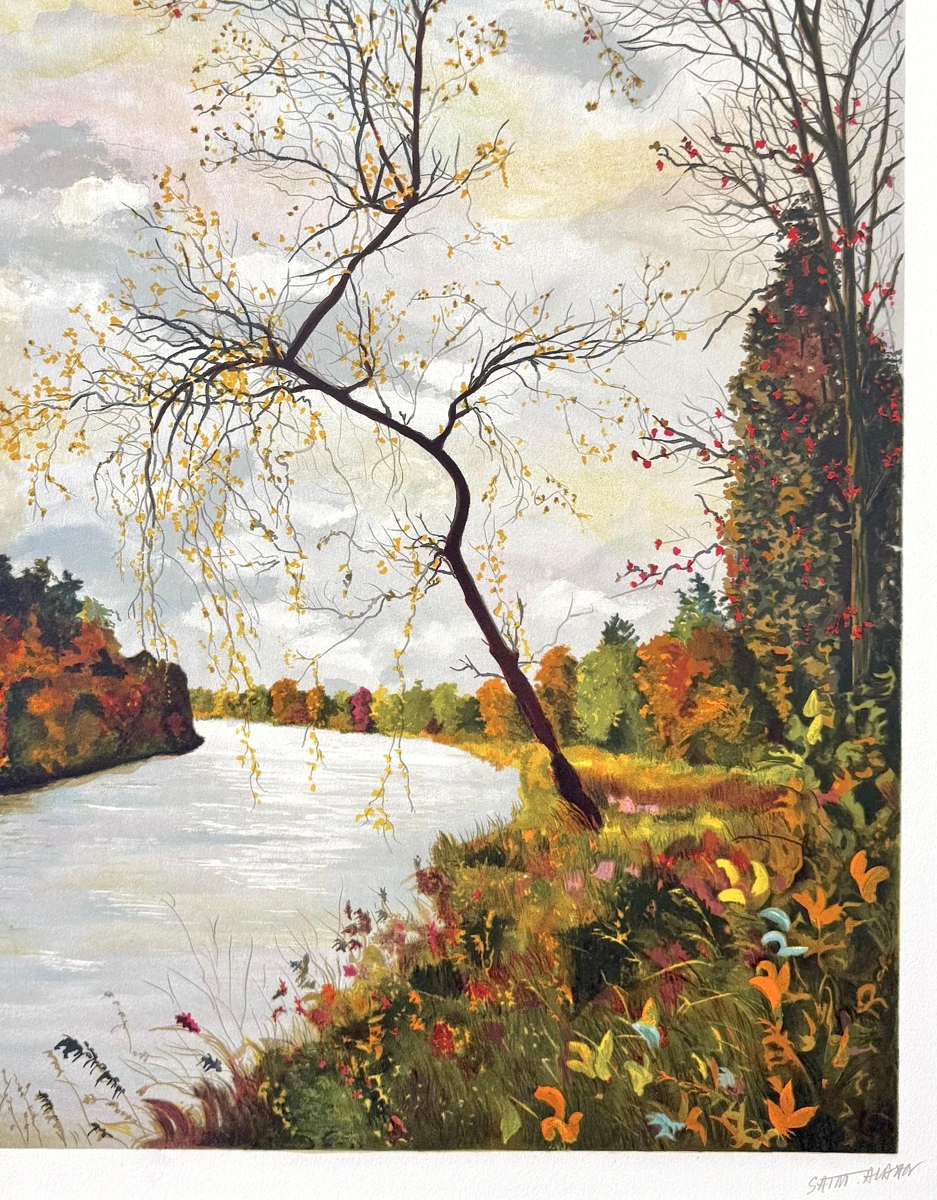 AUTUMN LANDSCAPE Signierte Lithographie, Französischer Künstler, Fluss, Bäume, Herbstlaub (Zeitgenössisch), Print, von Michel de Saint Alban