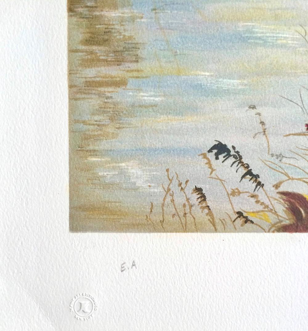 AUTUMN LANDSCAPE Signierte Lithographie, Französischer Künstler, Fluss, Bäume, Herbstlaub (Beige), Landscape Print, von Michel de Saint Alban