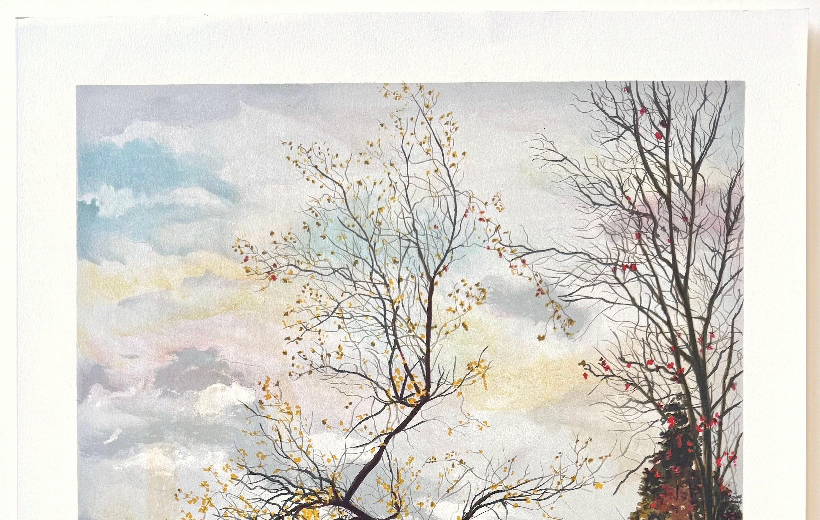 AUTUMN LANDSCAPE Signierte Lithographie, Französischer Künstler, Fluss, Bäume, Herbstlaub im Angebot 1