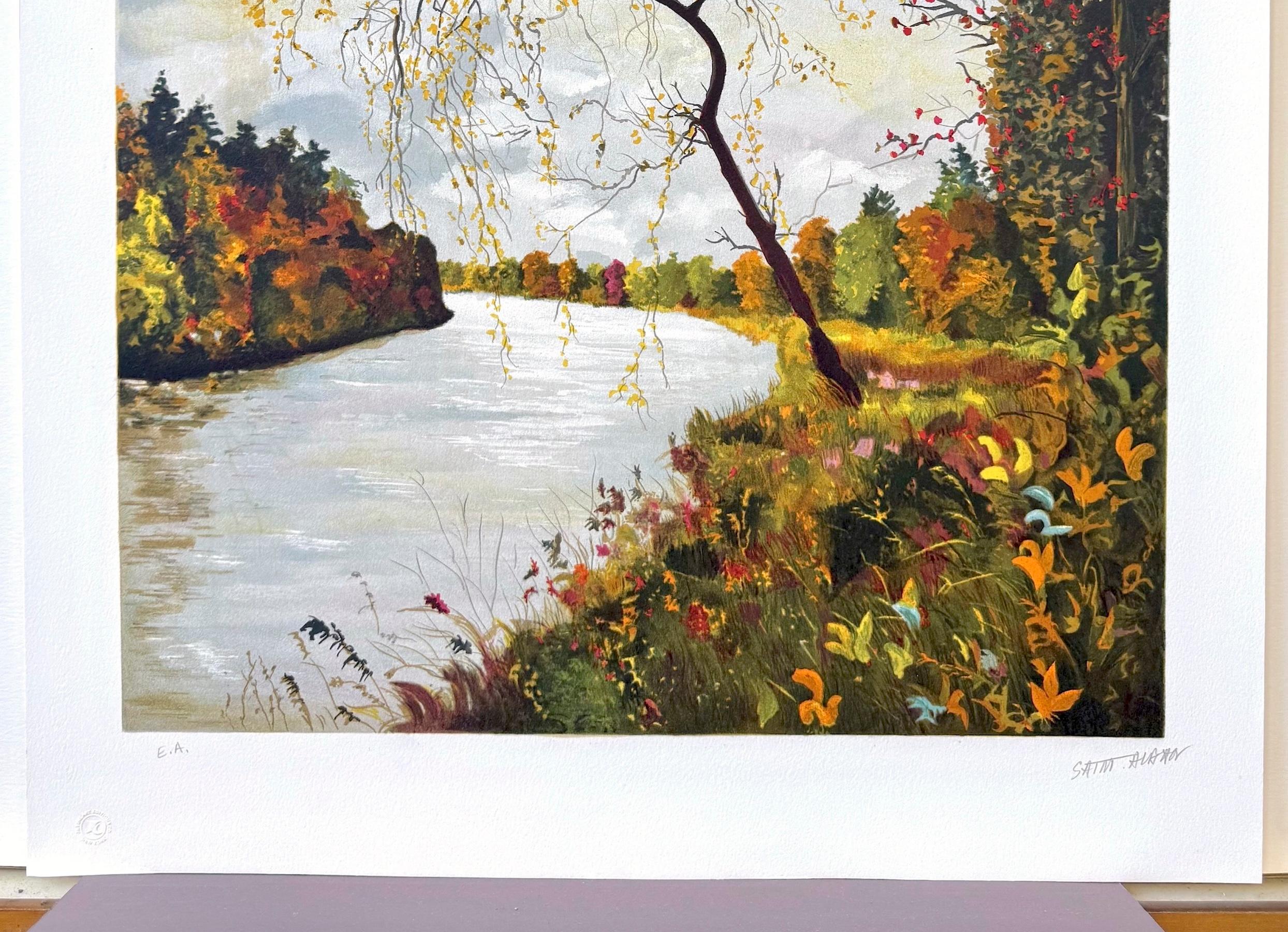 AUTUMN LANDSCAPE Signierte Lithographie, Französischer Künstler, Fluss, Bäume, Herbstlaub im Angebot 2