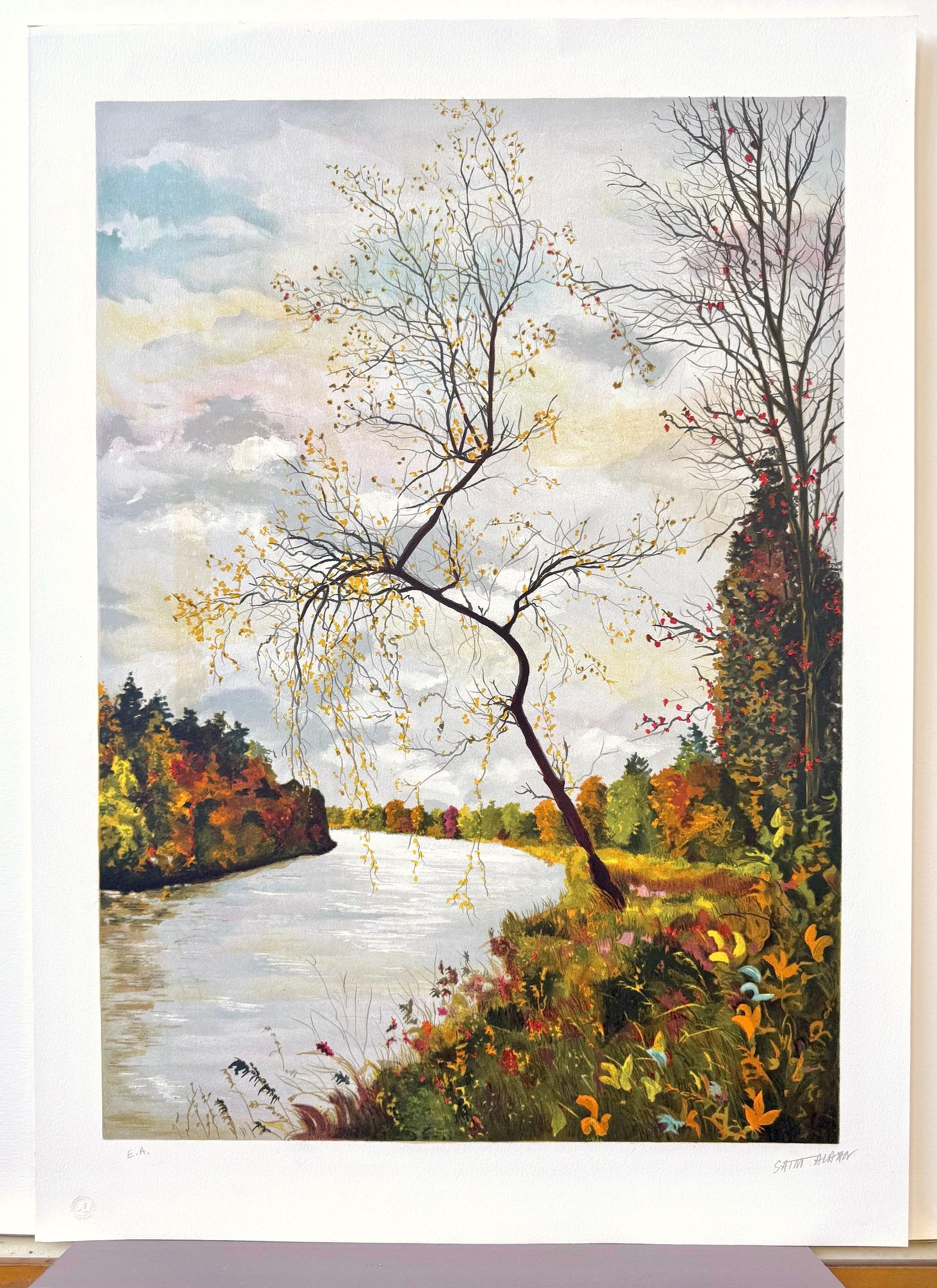 AUTUMN LANDSCAPE Signierte Lithographie, Französischer Künstler, Fluss, Bäume, Herbstlaub im Angebot 3