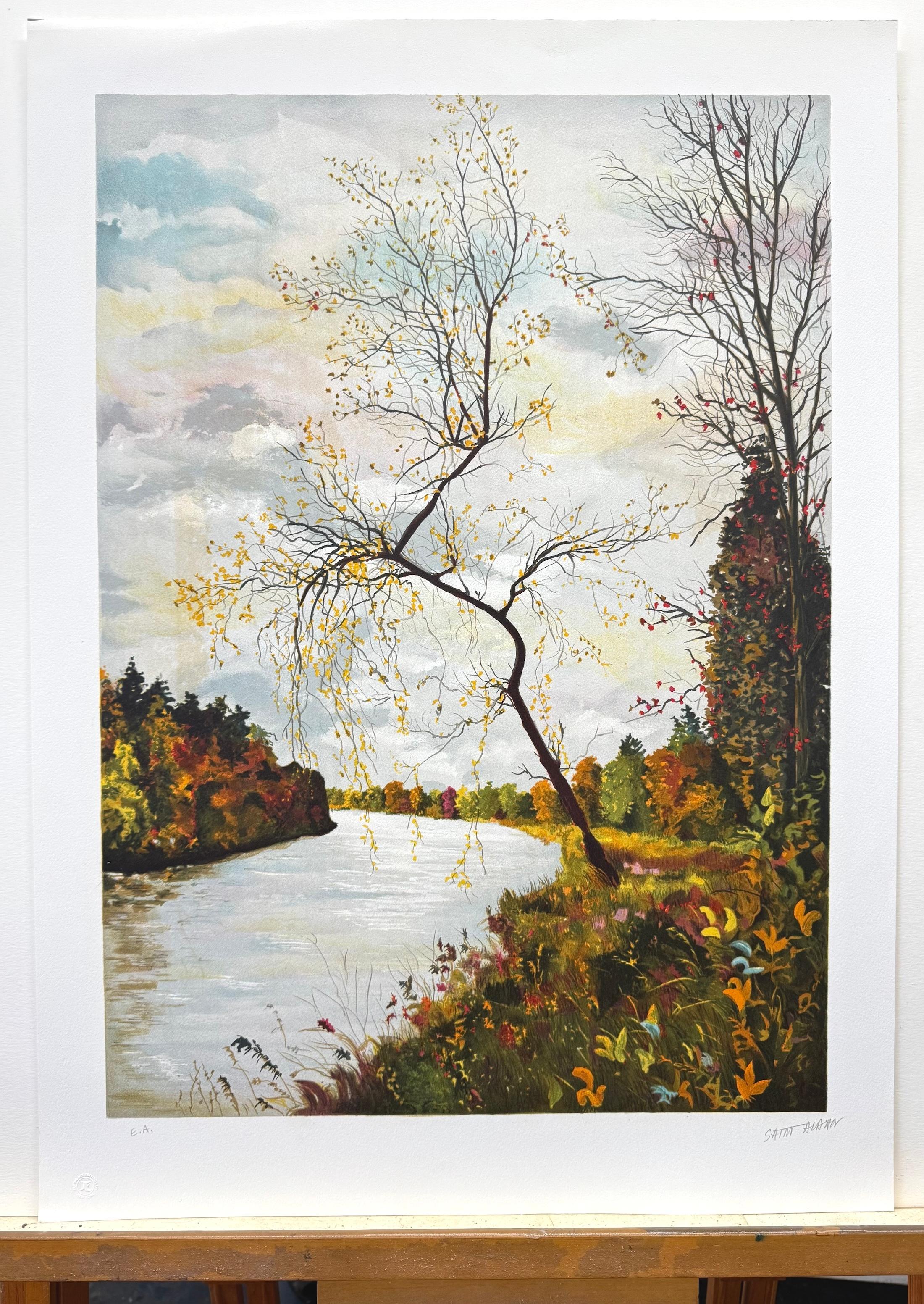 AUTUMN LANDSCAPE Signierte Lithographie, Französischer Künstler, Fluss, Bäume, Herbstlaub im Angebot 3