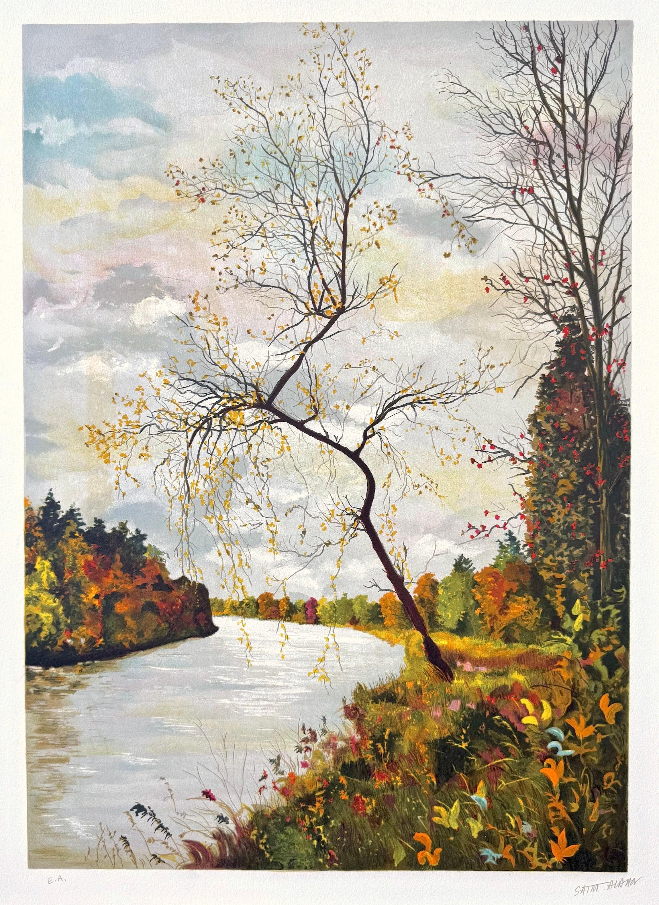 Michel de Saint Alban Landscape Print – AUTUMN LANDSCAPE Signierte Lithographie, Französischer Künstler, Fluss, Bäume, Herbstlaub