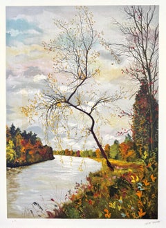 AUTUMN LANDSCAPE Signierte Lithographie, Französischer Künstler, Fluss, Bäume, Herbstlaub