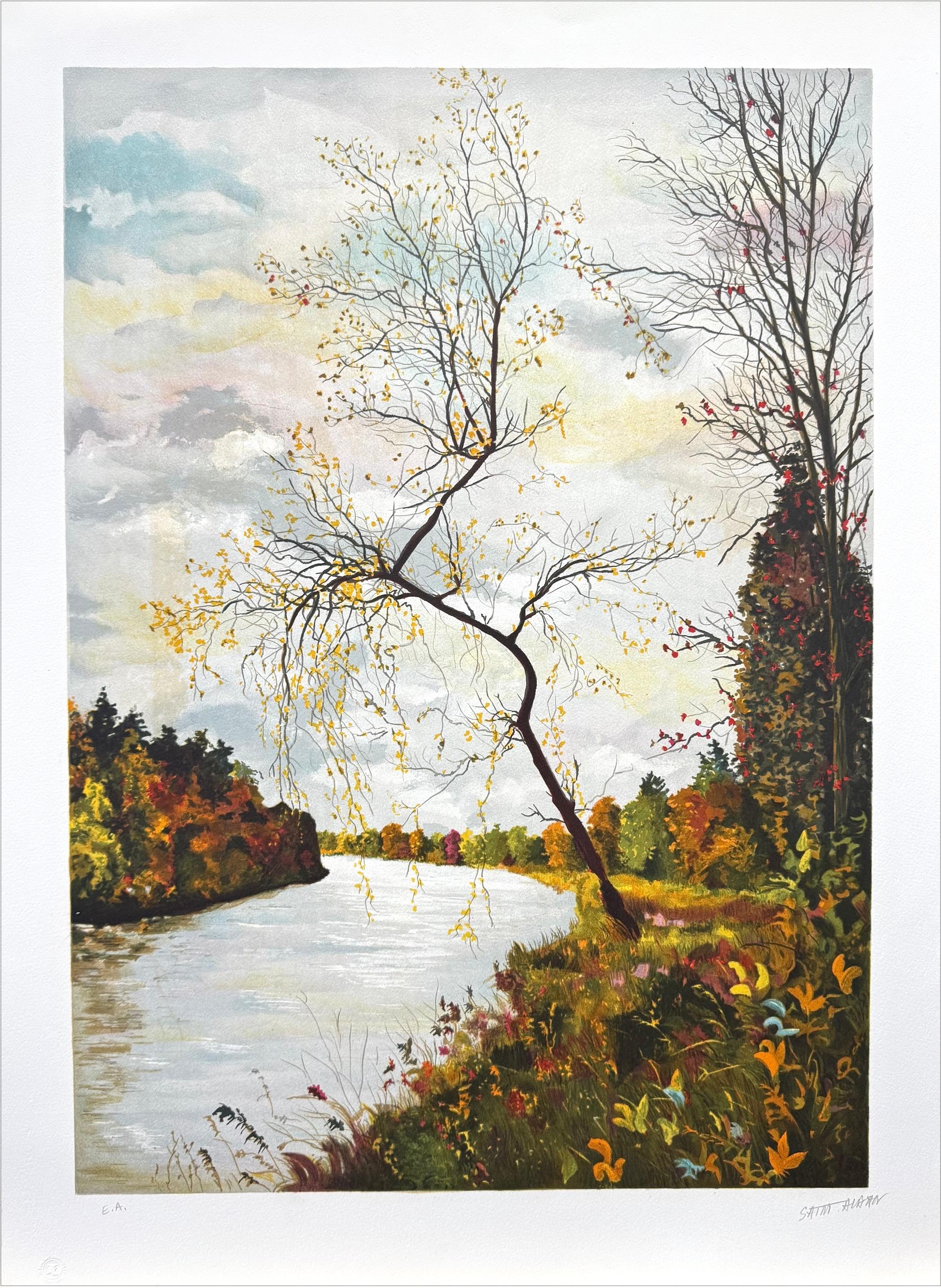 AUTUMN LANDSCAPE Signed Lithograph, French Artist, River, Trees, Fall Foliage