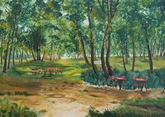 Fermeture Anneulle, lithographie dessinée à la main, 1982, paysage de parc français