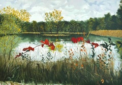 Spring Landscape with Pond and Trees, Hand Drawn Lithograph, 21.5 x 29 in.