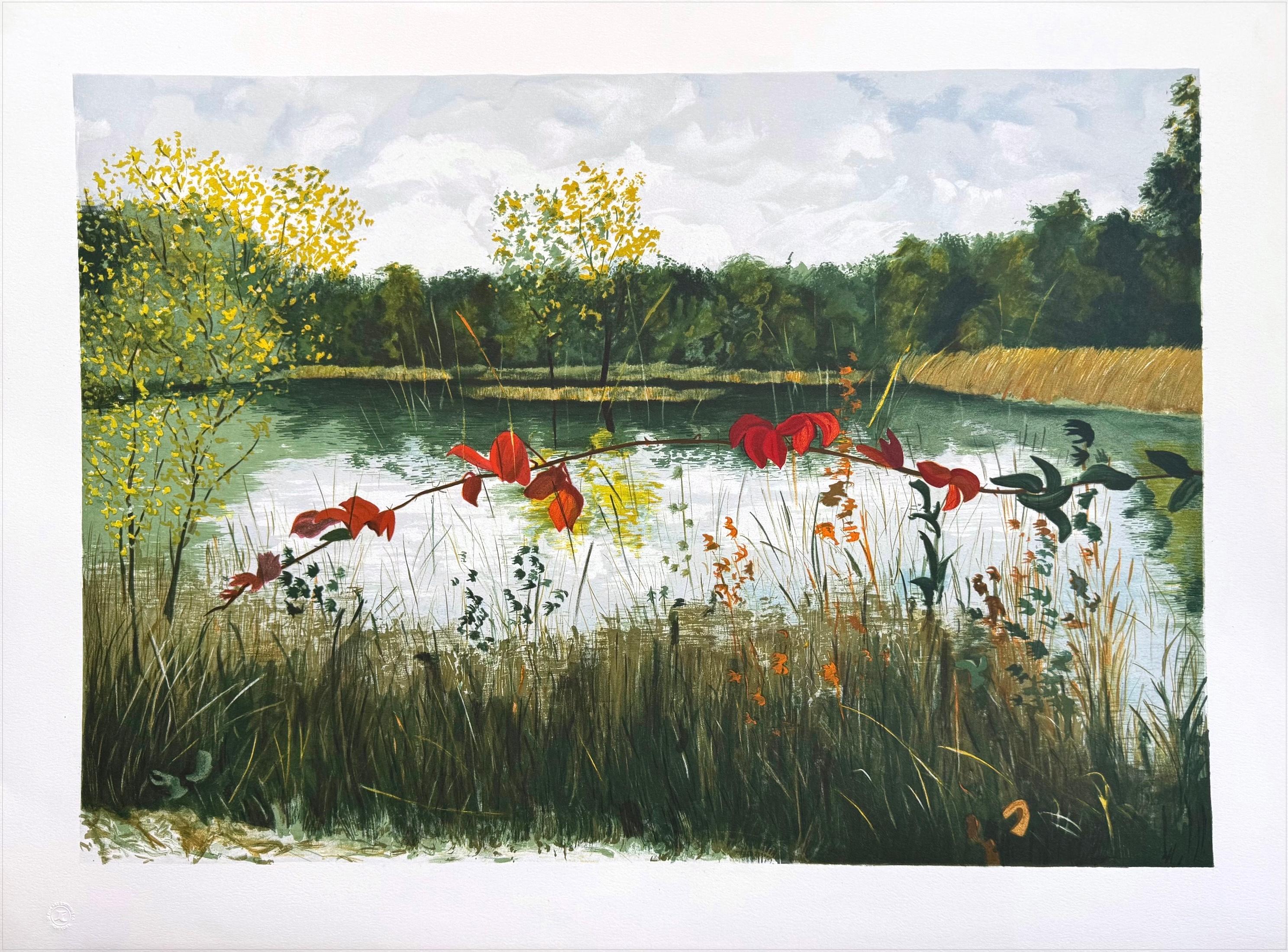 Spring Landscape with Pond and Trees, Hand Drawn Lithograph, 21.5 x 29 in.