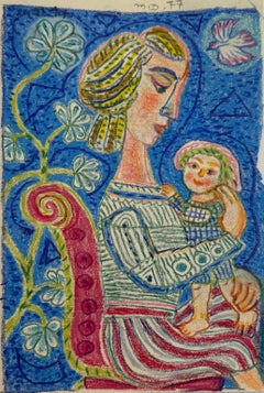 Französisches kubistisches Gemälde auf Papier „A Mother's Hug“ von Michel Debieve aus der Mitte des Jahrhunderts
