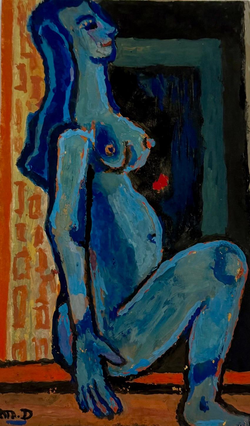 Michel Debiève Abstract Drawing – Blaue Figur sitzend von Michel Debieve, französisches kubistisches Gemälde aus der Mitte des Jahrhunderts
