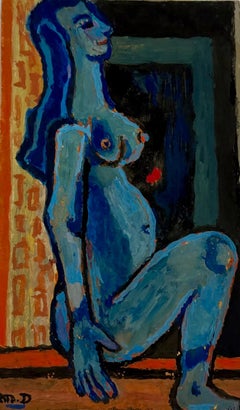 Retro Blue Figure Sitting by Michel Debieve Mid-Century French Cubist Painting