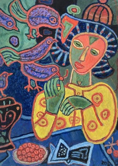 Dame Coloree de Michel Debieve - Peinture cubiste française du milieu du siècle sur papier