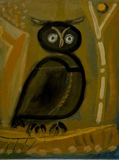 Night Owl de Michel Debieve, peinture cubiste française du milieu du siècle sur carton