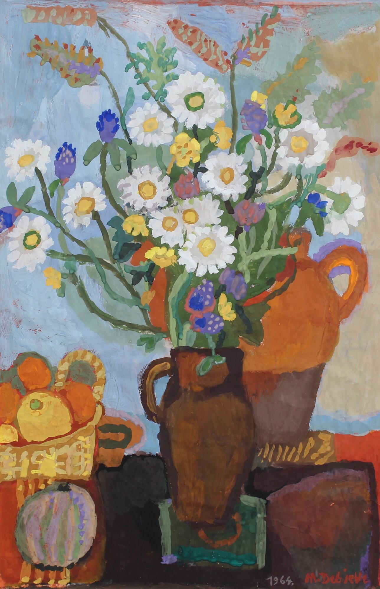 Nature morte aux fleurs et aux fruits - Painting de Michel Debiève