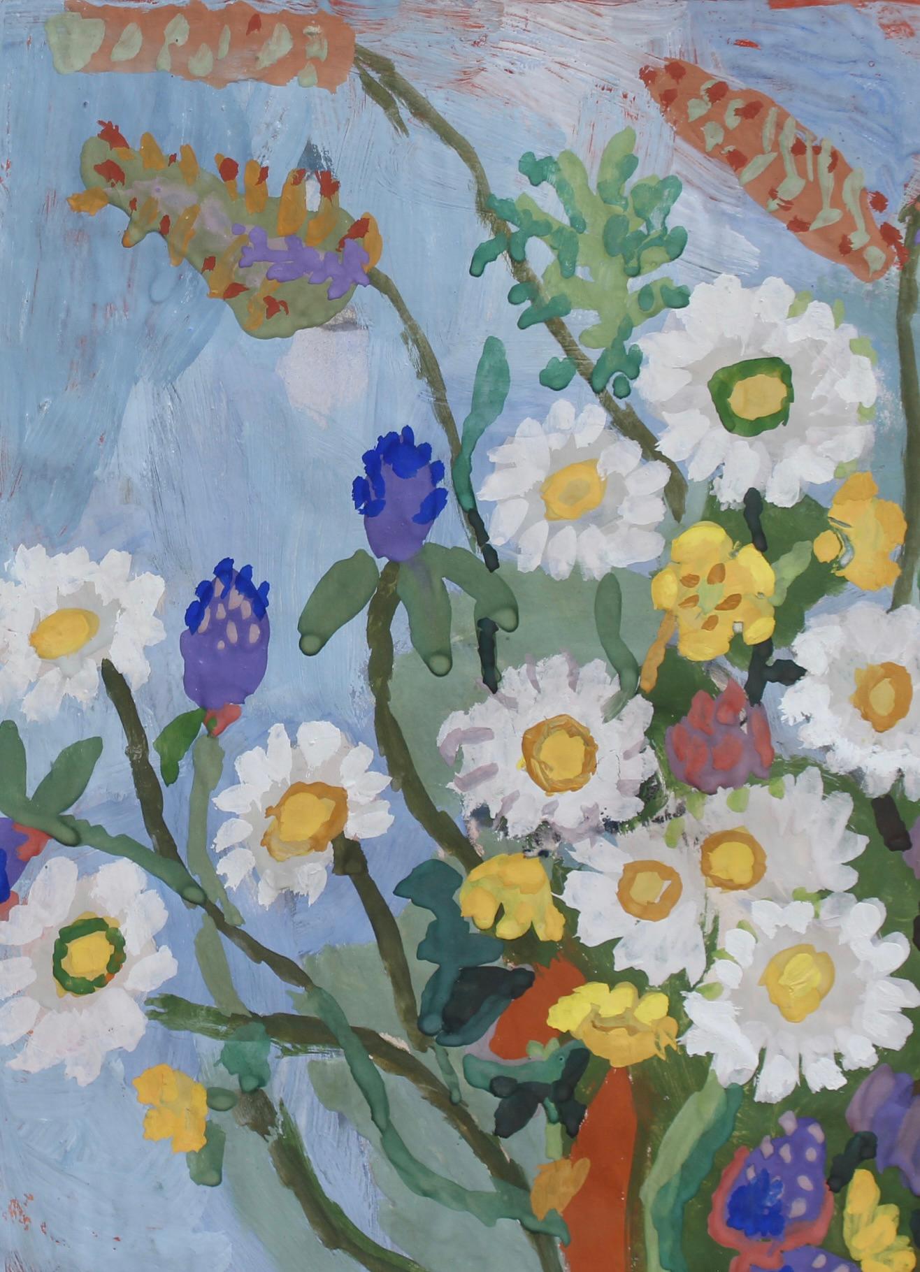 Nature morte aux fleurs et aux fruits - Gris Figurative Painting par Michel Debiève