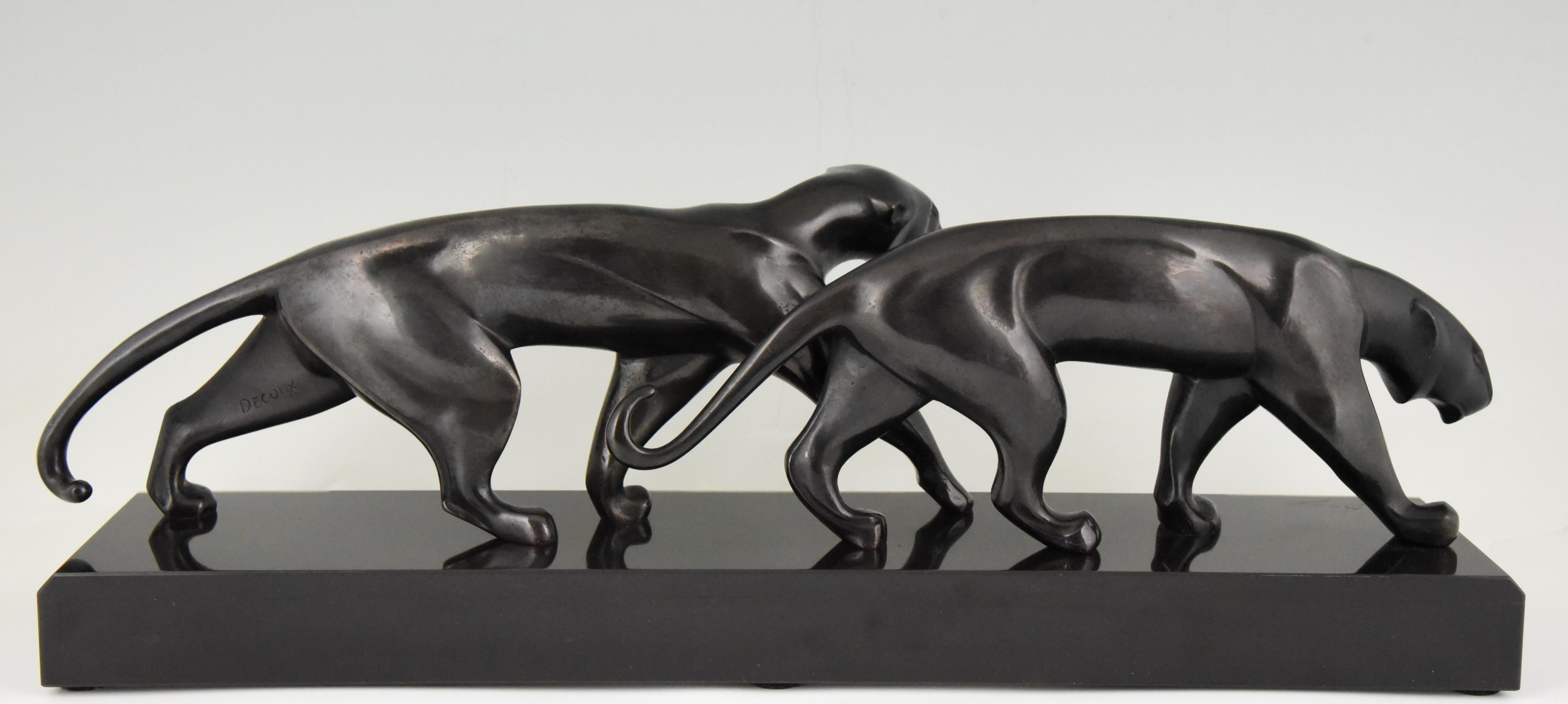 Early 20th Century Michel Decoux Art Deco Bronze Sculpture Two Panthers, France, 1920