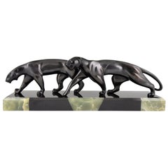 Michel Decoux Art Deco Bronze Sculpture Two Panthers, France, 1920